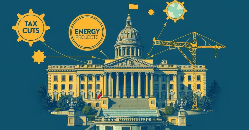 Illustration of a grand legislative building surrounded by symbolic icons representing tax cuts and energy projects.