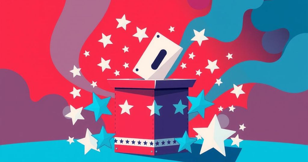 Symbolic representation of political parties with a ballot box, stars, and contrasting colours.