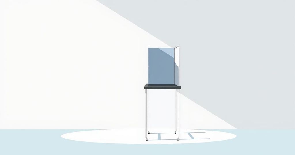 Illustration of an empty voting booth symbolising independent voters, with neutral colours and a minimalist style.