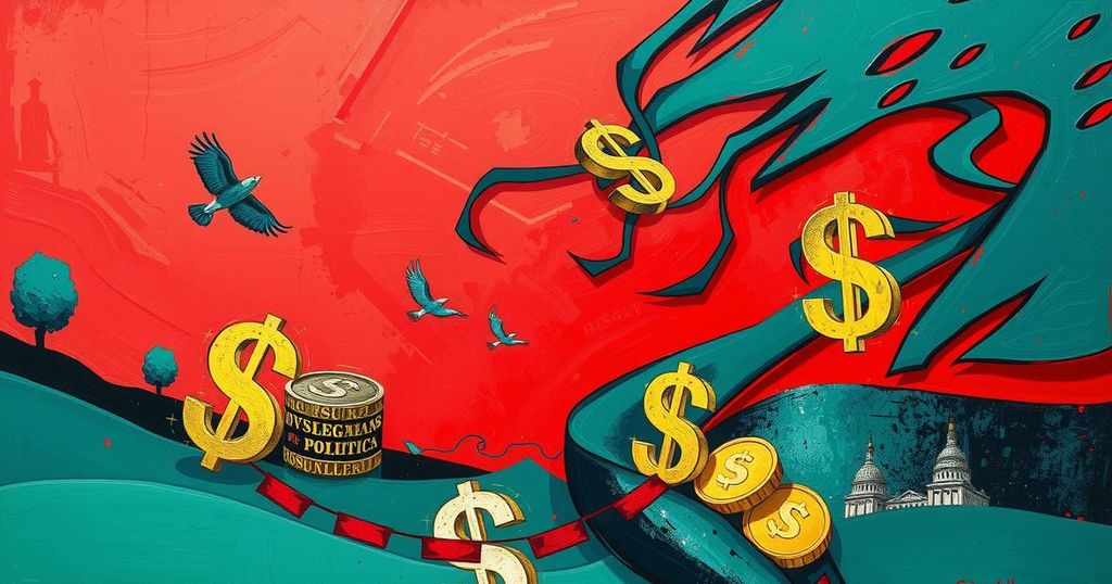 A political landscape influenced by wealth, featuring abstract symbols of money and power in a vibrant colour scheme.
