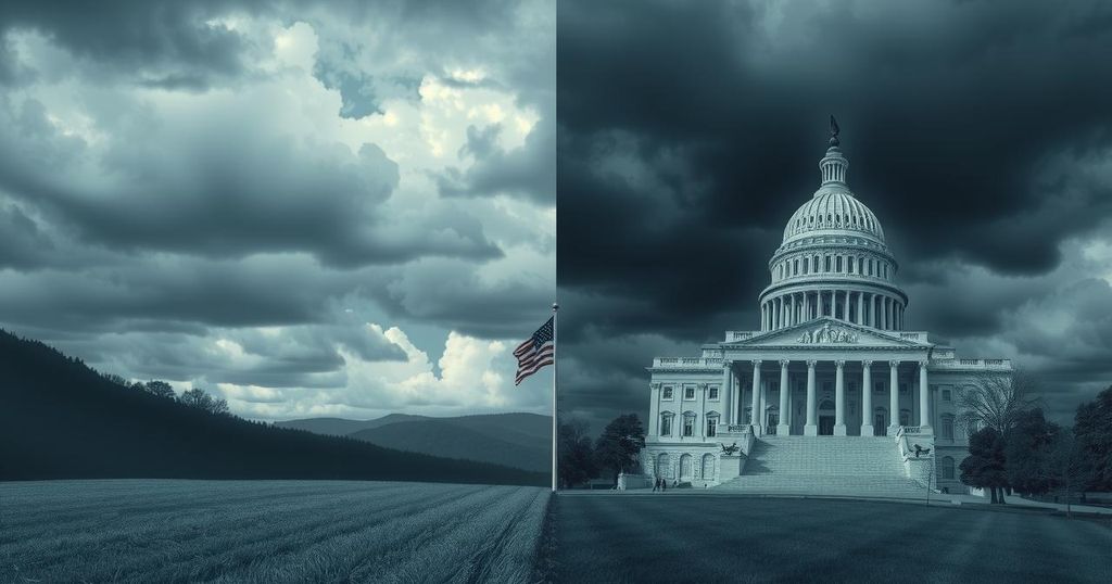 A political landscape with two opposing sides, symbolising bipartisan views, amidst abstract stormy skies and muted colours.