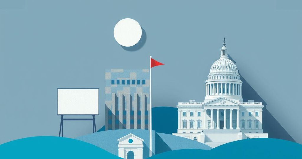 A political landscape with an abstract representation of media influence and power dynamics in government.