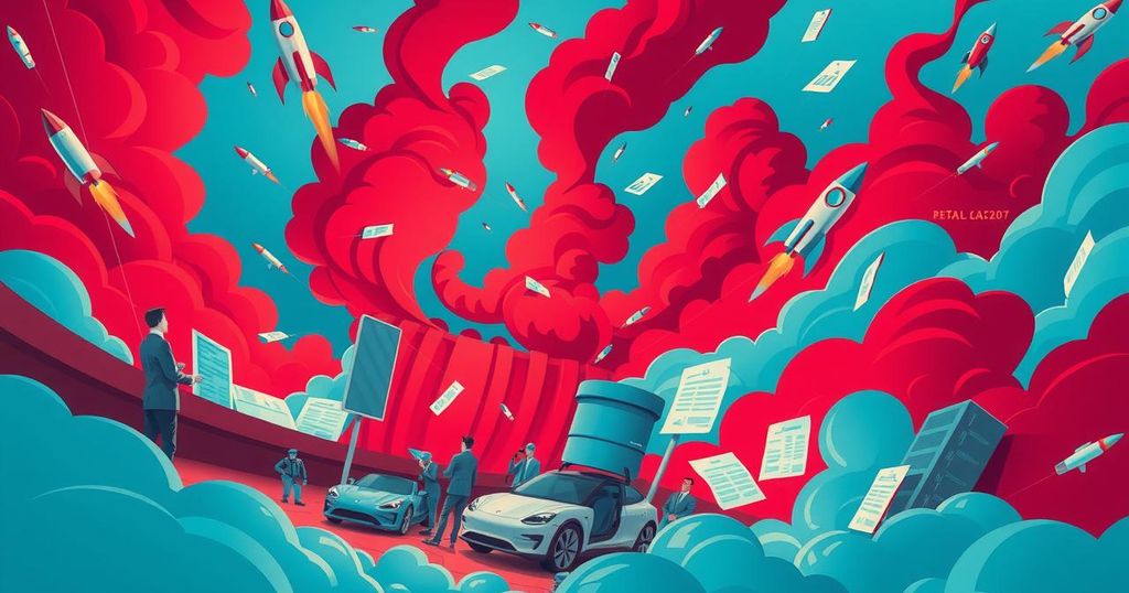A digital illustration depicting a chaotic political scene with symbolic representations of conflict and governance.