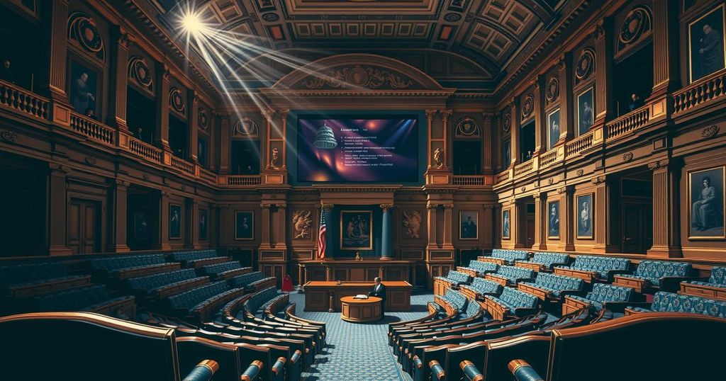 A Senate chamber with empty seats and a large screen displaying legislative content, emphasising the voting process.