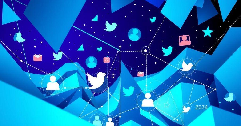 Digital landscape depicting social media's role in shaping politics with vibrant blue tones and abstract geometric shapes.