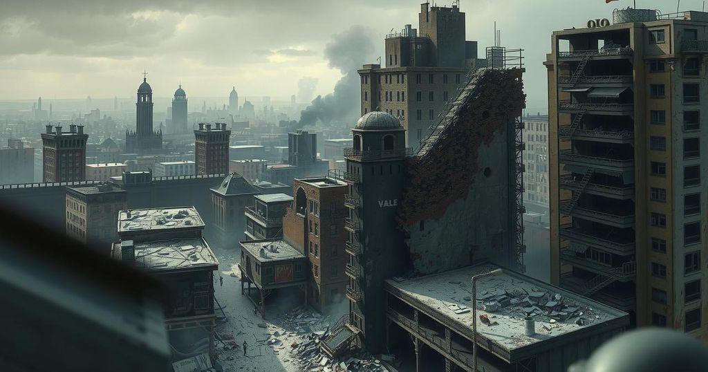 A dramatic illustration of a war zone depicting a cityscape with buildings and chaos, in a muted colour palette.