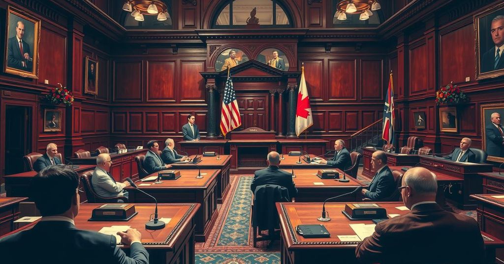 Bipartisan Senate vote scene with flags and desks showing political action on trade tariffs.