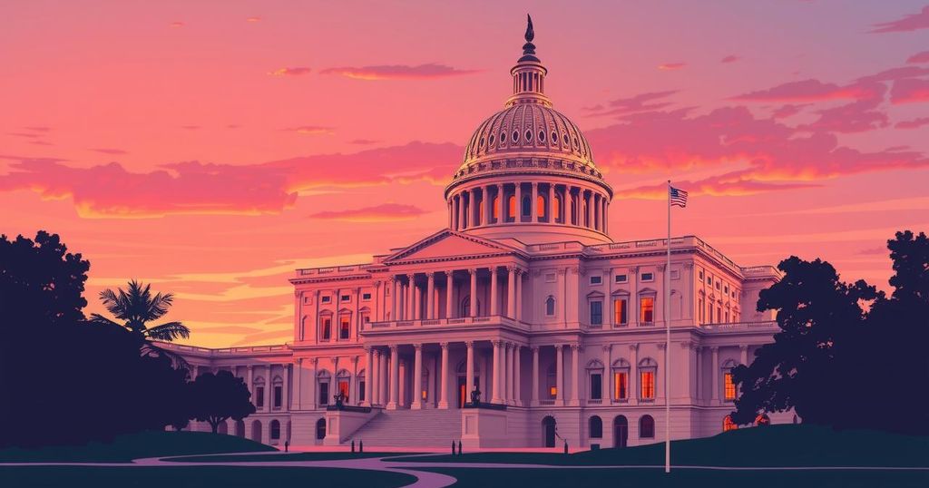 A dramatic scene of the US Capitol building, representing the political debate and budget planning discussions in Washington.