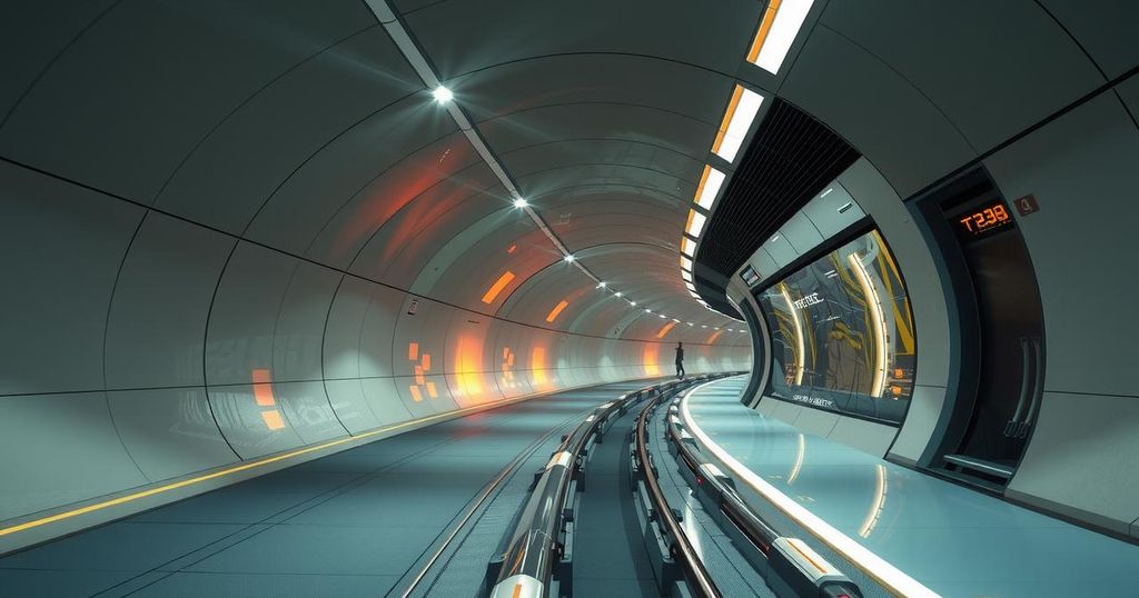 A futuristic transportation tunnel concept with sleek lines and a modern aesthetic, in muted earth tones.