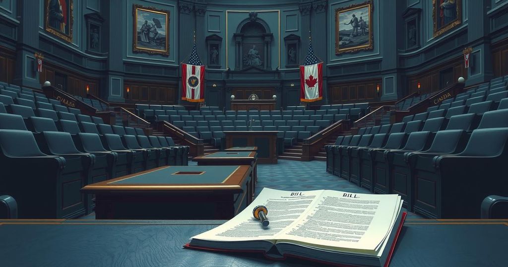 Senate chamber with rows of empty seats, decorated flags, and a bill document on a desk symbolizing political debate.