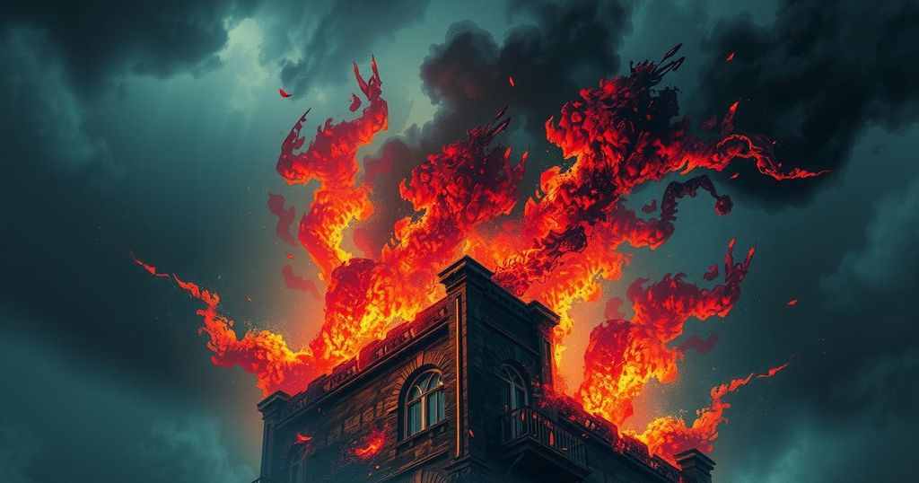 A fiery scene depicting a burning building with smoke and flames, an abstract representation of political tension.