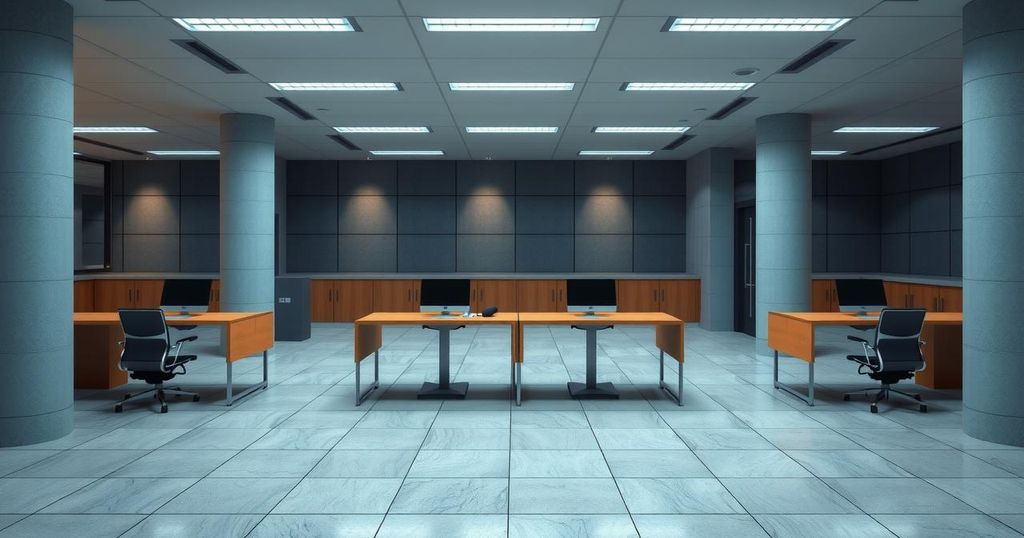 Four empty office desks in a city hall, symbolising resignations amid political turmoil in New York City.