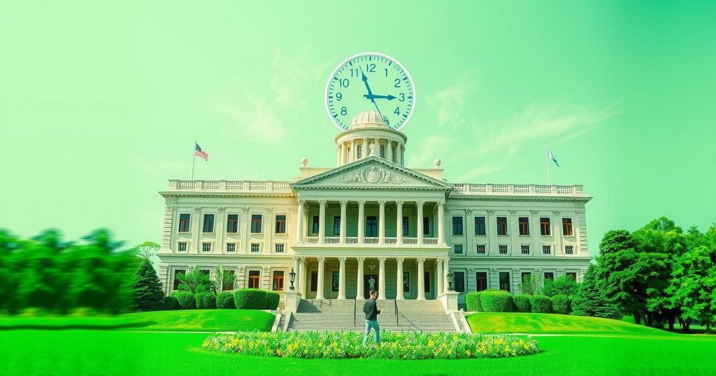 A political scene depicting a symbolic clock looming over a legislative building, with green tones and neoclassical style.