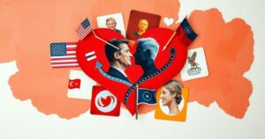 A collage symbolising political differences in dating, featuring heart shapes and contrasting political icons in warm colours.