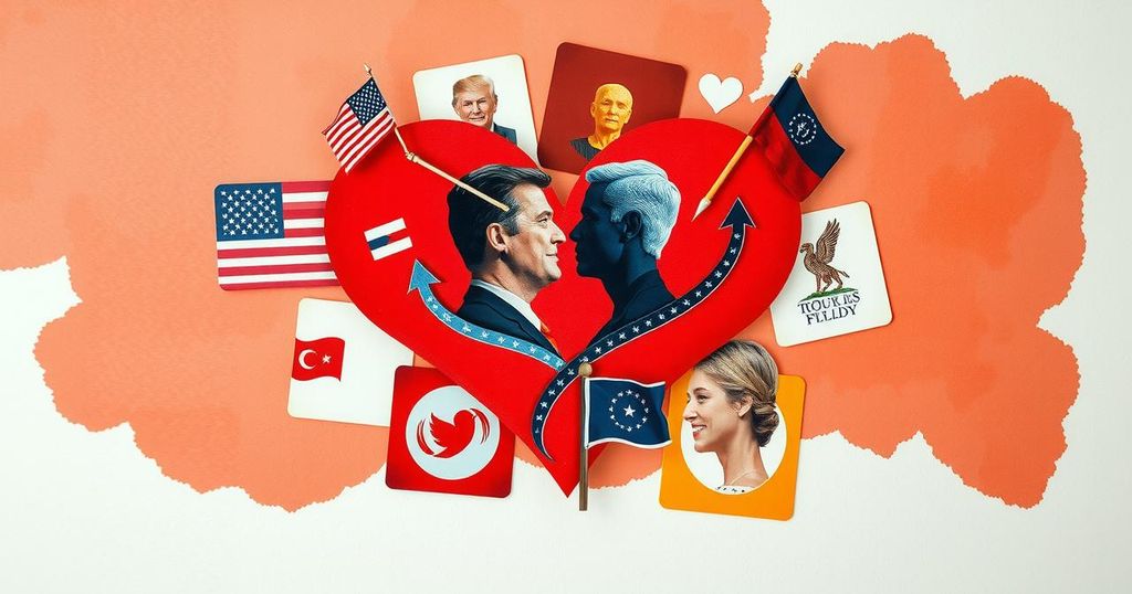A collage symbolising political differences in dating, featuring heart shapes and contrasting political icons in warm colours.