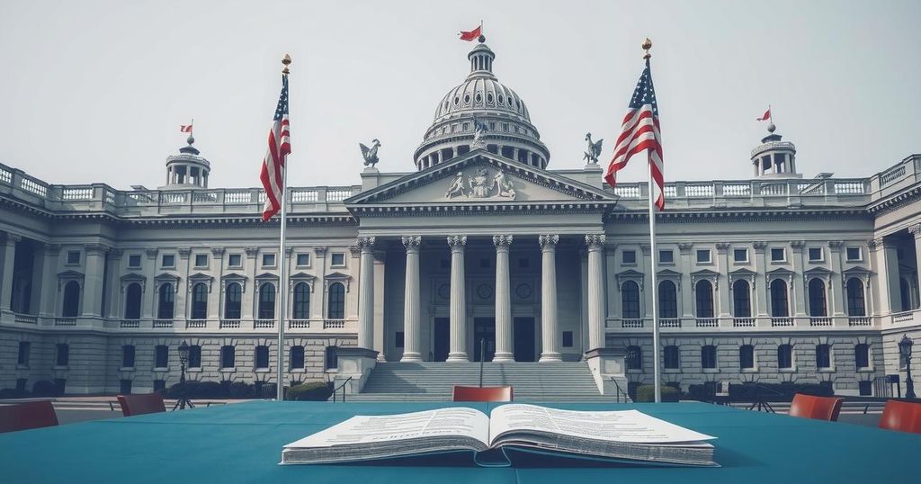 Bipartisan Senate vote against tariffs with flags, documents, and a backdrop of a historic government building.