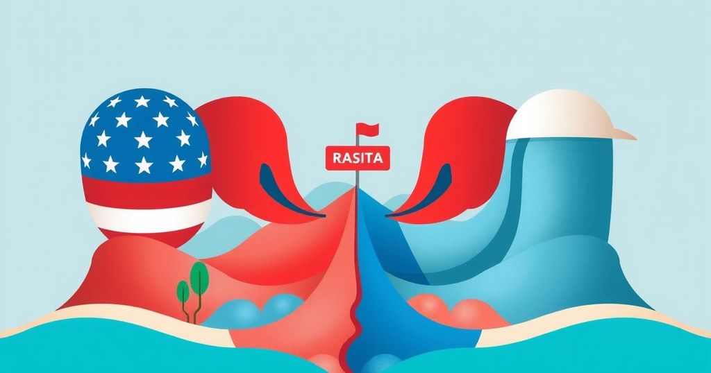 A conceptual illustration of a divided political system and the emergence of a third party, in vibrant colors.