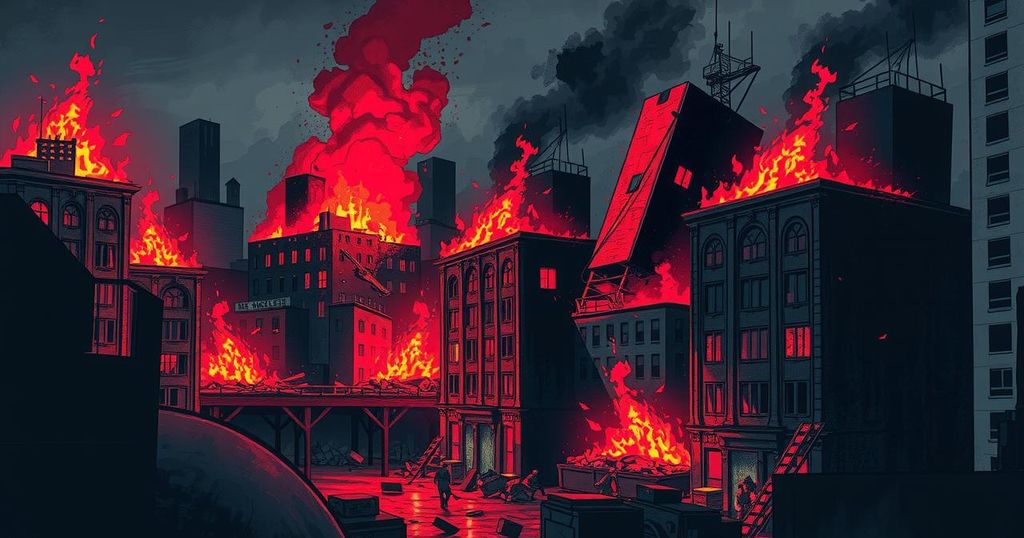 Dark urban landscape depicting political chaos, with flames and broken structures symbolising rising unrest and conflict.