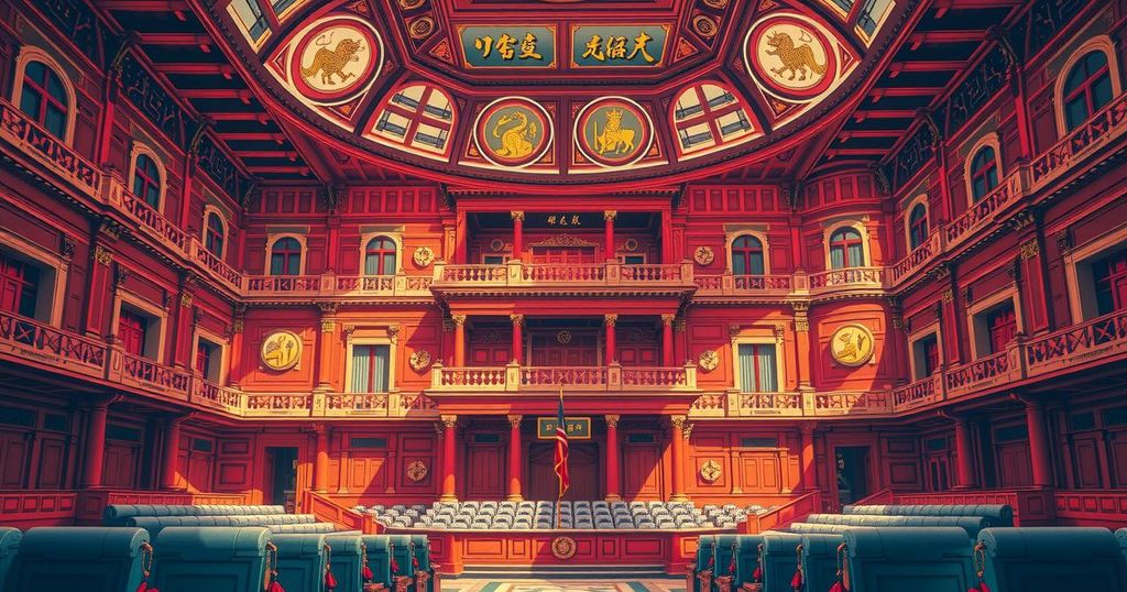 A detailed illustration of a legislative building with a complex framework, symbolising the intricate political process.