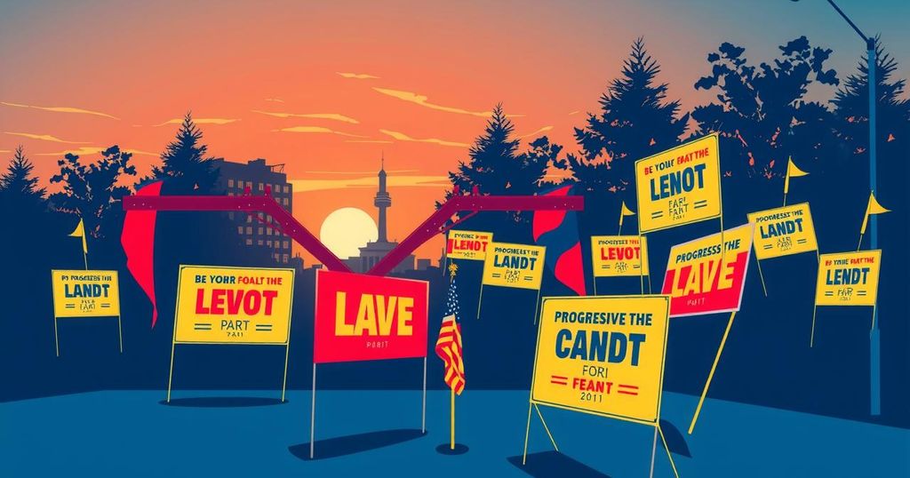 A vibrant campaign scene featuring signs for a progressive mayoral candidate, with dynamic colours and energetic atmosphere.
