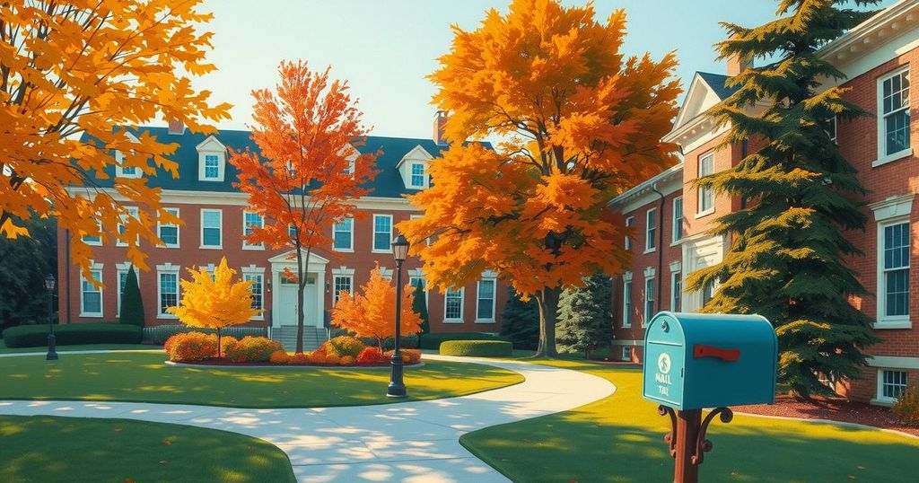A serene college campus scene showcasing a peaceful environment with trees and a mail ballot box.