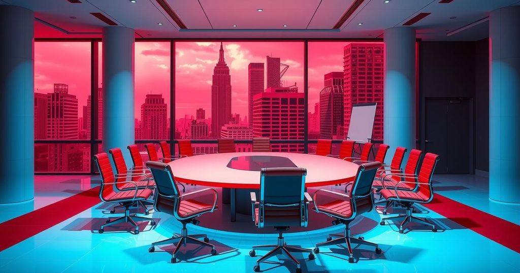 Corporate boardroom representing political divide in business decisions, featuring contrasting red and blue colour scheme.