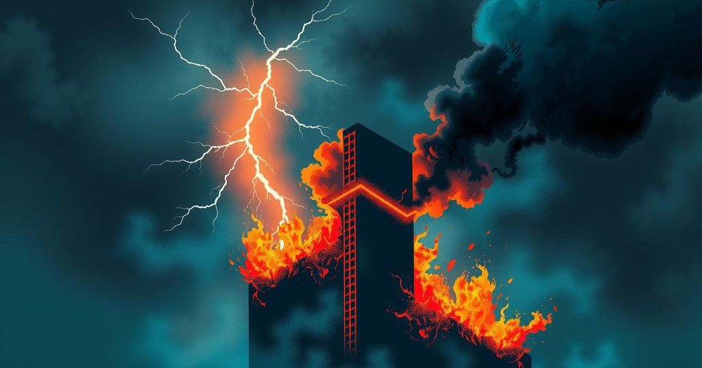 An abstract depiction of escalating tensions, featuring a dark, stormy sky and jagged lightning bolts over a silhouette of a burning building.