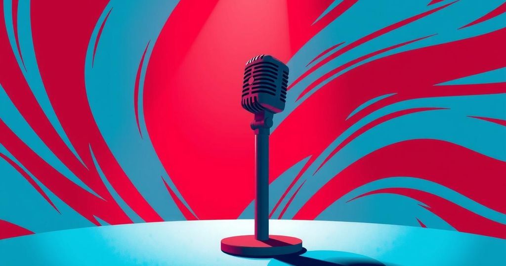 An abstract political poster featuring a mic with a spotlight, embodying charismatic leadership and debate.