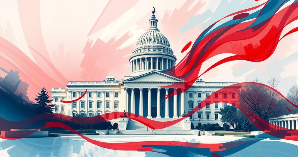 Diagram of a government building framed in red, white, and blue tones symbolizing legislative discussions in politics.