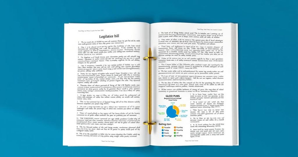 Detailed legislative bill with tax cuts and budget allocations in a rich blue and gold colour scheme
