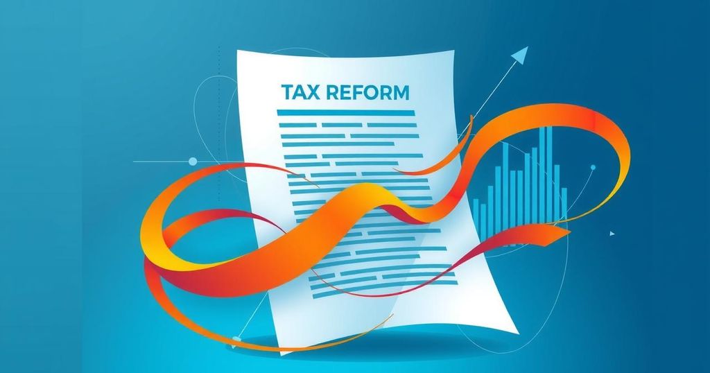An abstract representation of a legislative document, symbolising tax reform, with charts and graphs in blue and orange tones.
