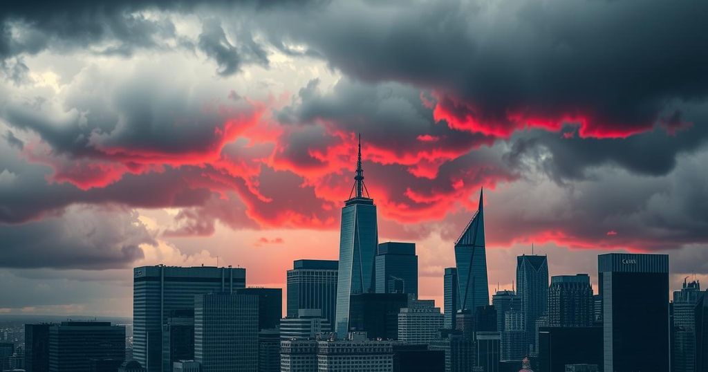 A darkened city skyline with a stormy sky, symbolizing political tension and uncertainty in America.
