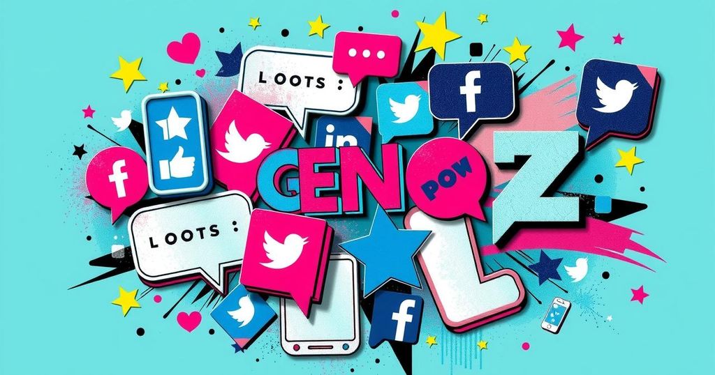 Vibrant collage of social media icons, political symbols, and youth culture elements in modern digital art style.