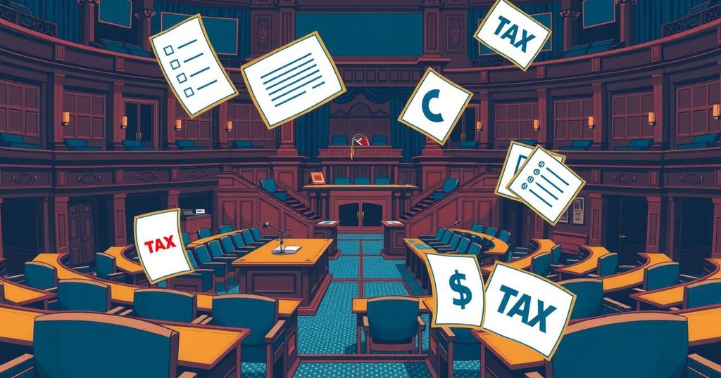 Congress in session with symbols of budget cuts and legislative discussions, highlighting key political themes.