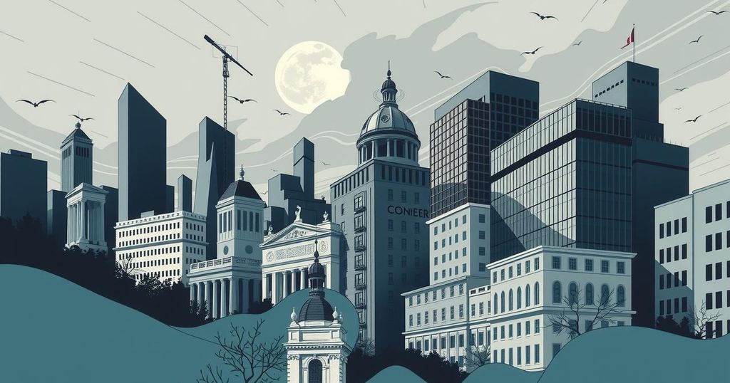 A conceptual representation of a turbulent government landscape with abstract buildings and chaotic lines in muted colours.