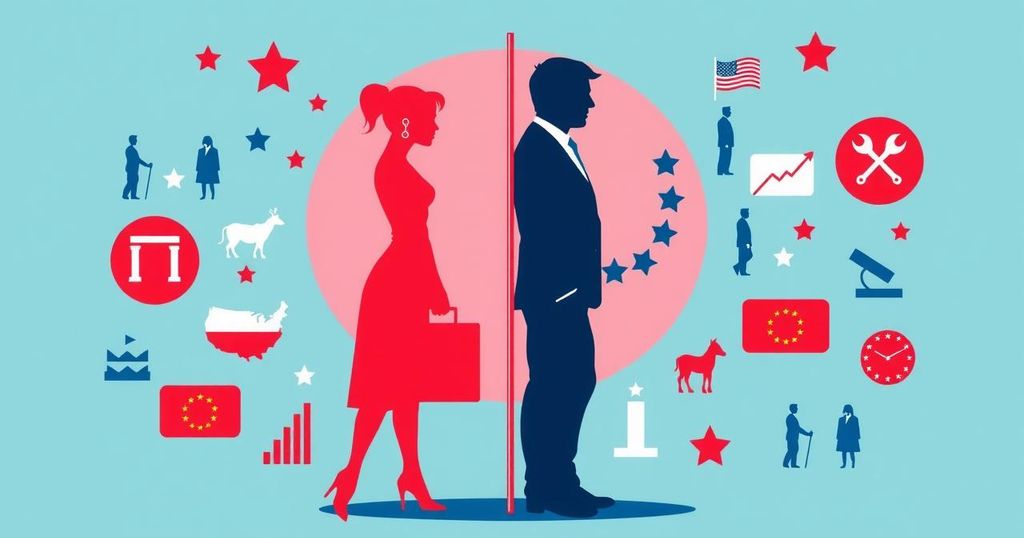 A conceptual graphic symbolising the gender divide in politics among Gen Z, featuring contrasting figures and bold colours.