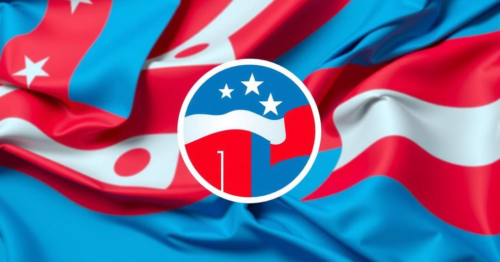 Logo dan simbol penggerak politik baru di backdrop bendera yang cerah, menggambarkan idealisme perubahan.
