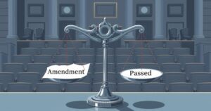 Senate vote-a-rama with symbolic scales representing failed and passed amendments in a legislative setting.
