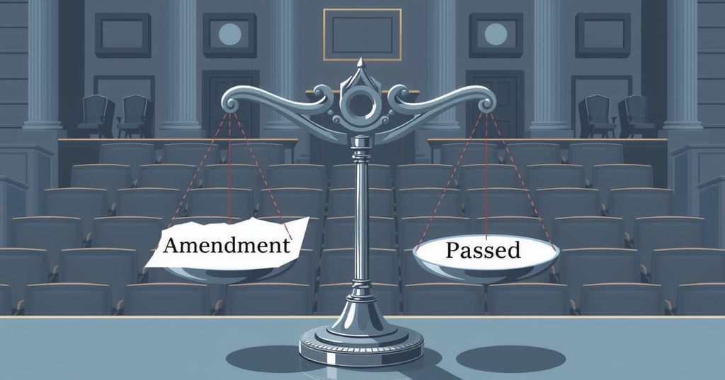 Senate vote-a-rama with symbolic scales representing failed and passed amendments in a legislative setting.