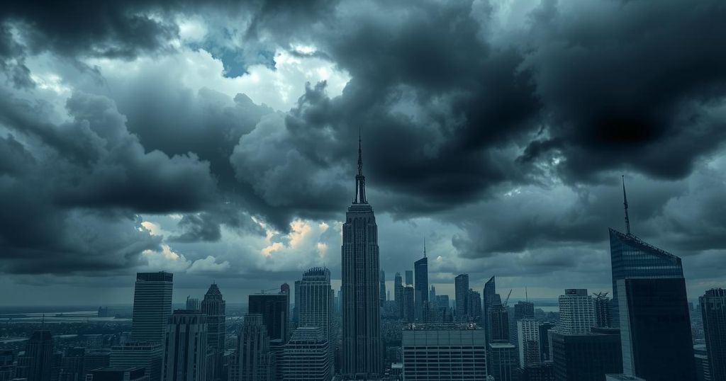 New York City skyline with a stormy sky, symbolizing political turmoil and change in leadership.