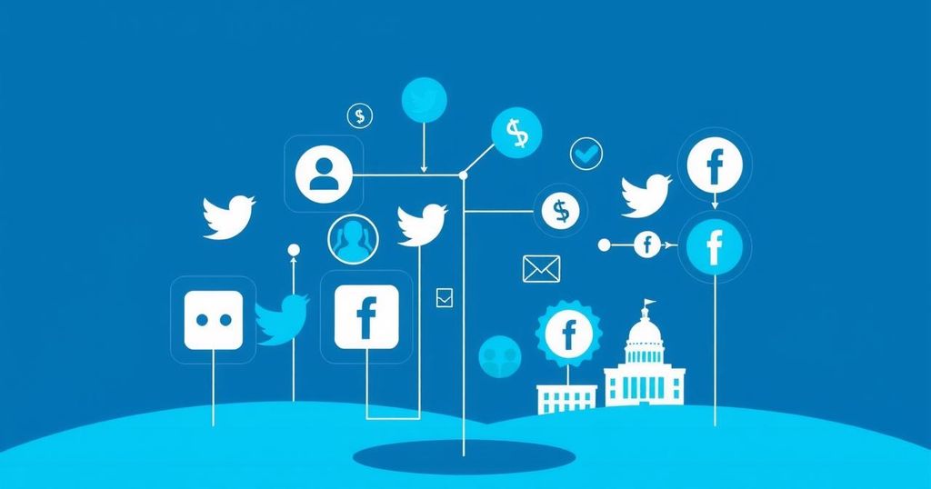 A digital landscape showing social media icons with political symbols, featuring blue hues and minimalist design.