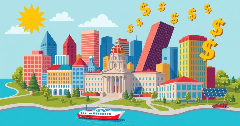 A vibrant cityscape of Indiana with symbolic elements representing government programs and tax policies.