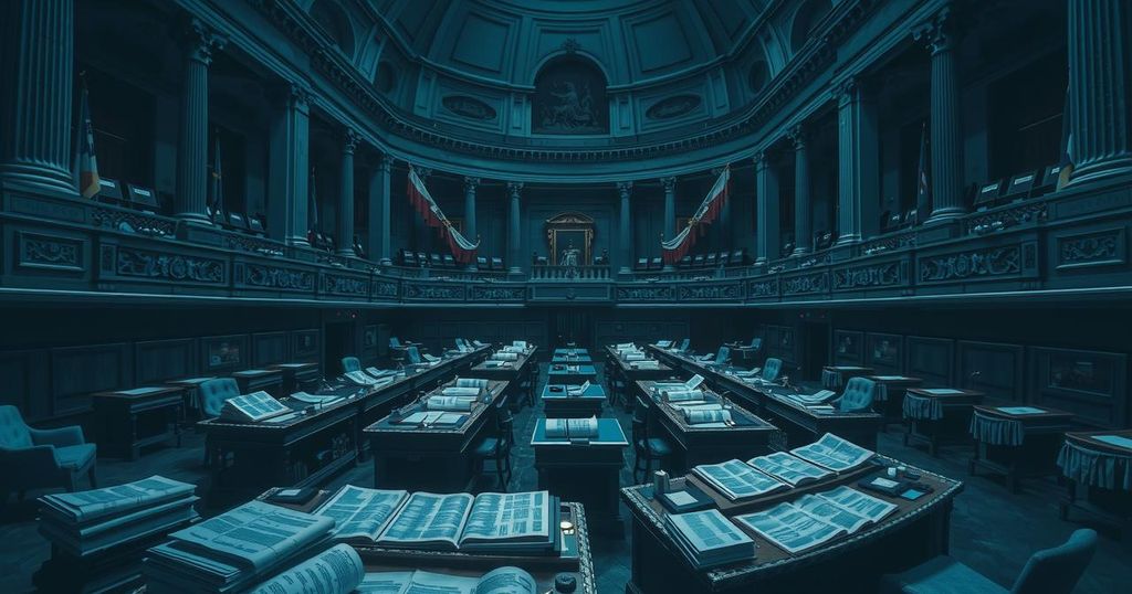 A political scene depicting a turbulent legislative process with a focus on government buildings and symbolic elements.