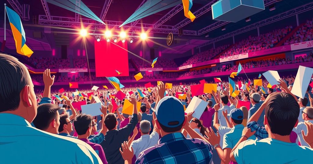 A vibrant and energetic illustration of a political rally, showcasing cheering crowds under bright lights.