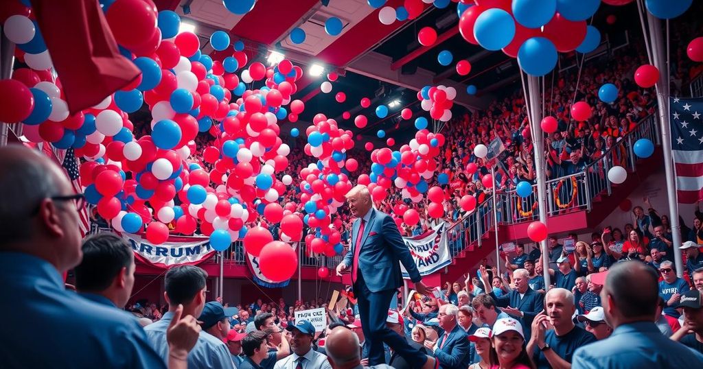 A vibrant political rally scene with red and blue decorations, balloons, and a cheering crowd of supporters.
