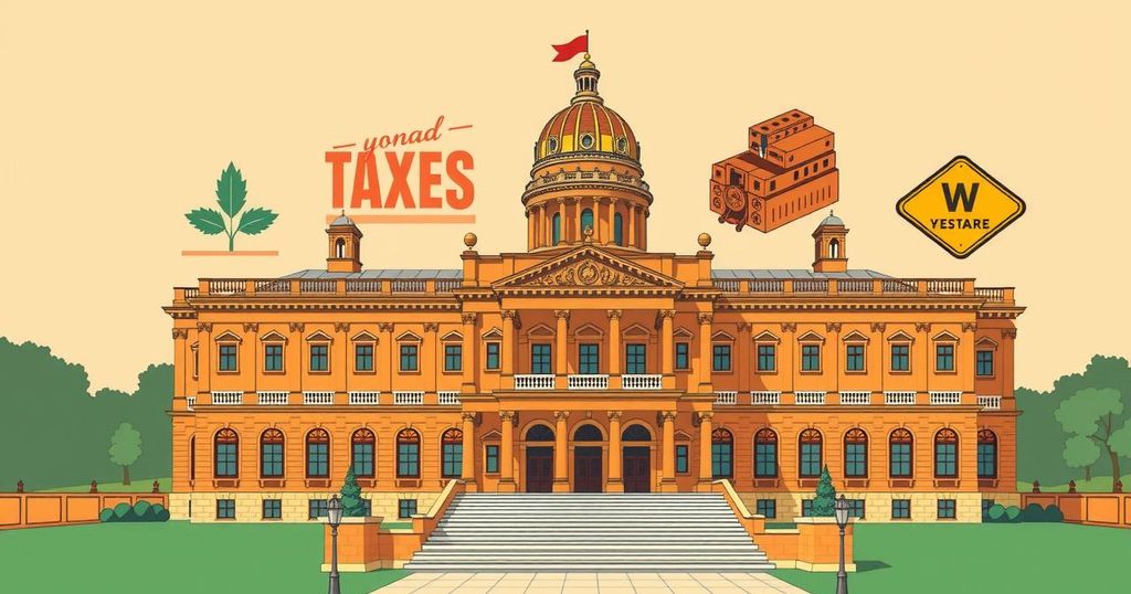 Illustration of a legislative building with symbols of taxes and welfare benefits impacting Hoosiers.
