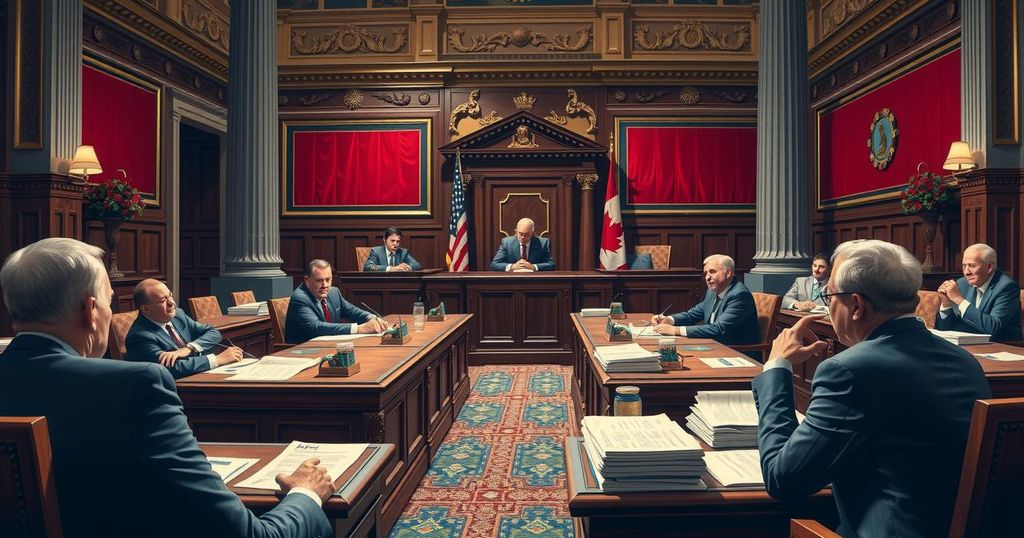 A legislative chamber with senators debating a large bill, with a backdrop of American symbols in a rich colour scheme.