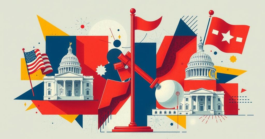 Elon Musk's critique on politics with abstract symbols of government and bold colors to represent conflict.