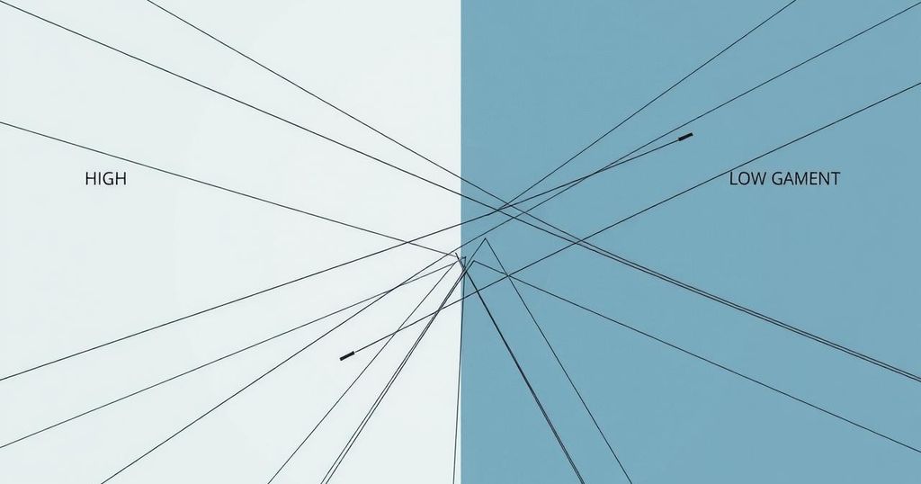 Divided perspectives on American politics depicted through intersecting lines and abstract shapes in muted colors.