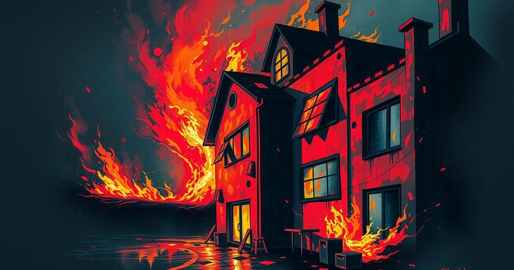 A dramatic view of a burning building at night conveying political unrest and conflict.